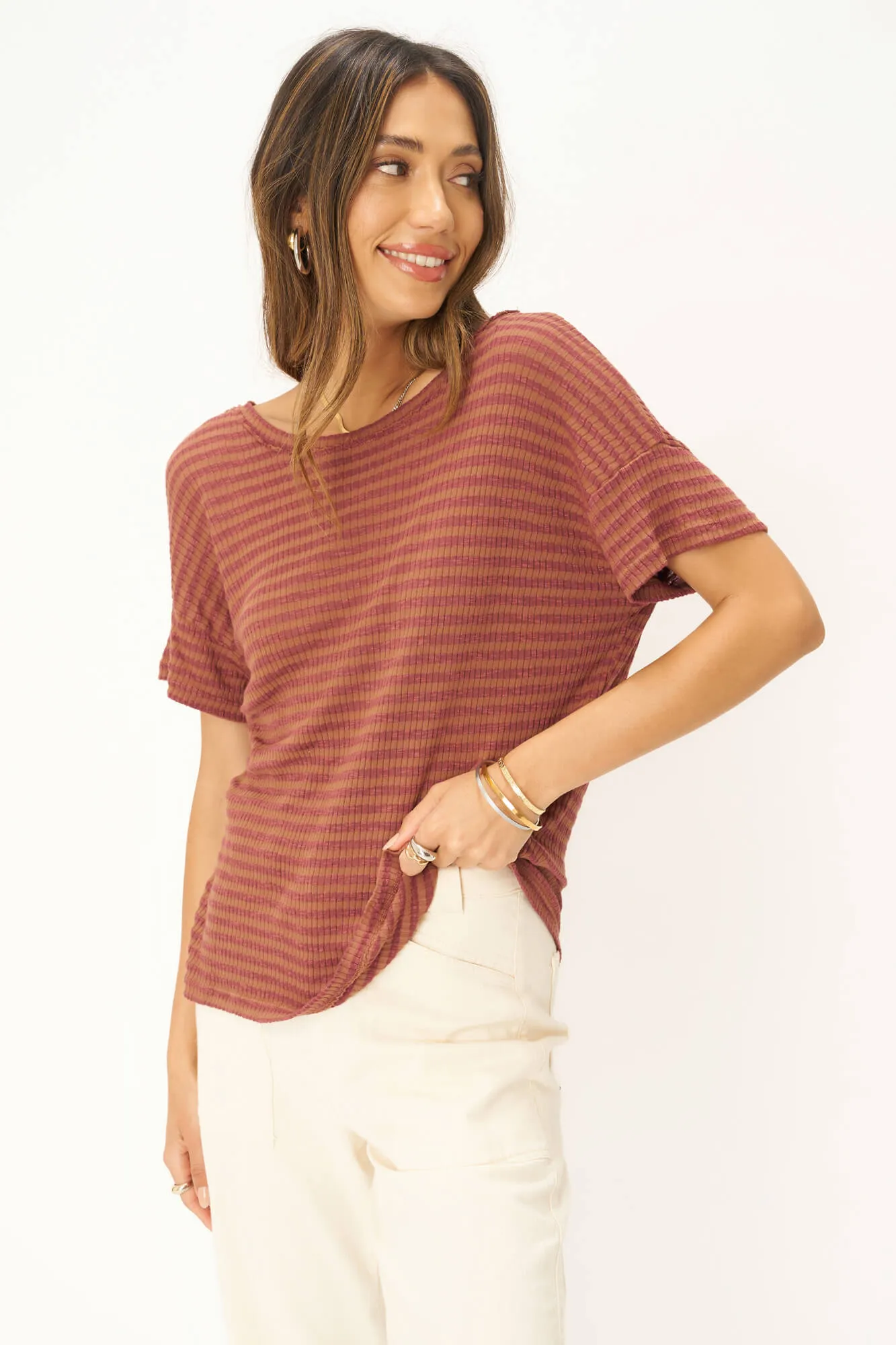 Isadora Back Lace Up Stripe Easy Fit Tee - Root Beer