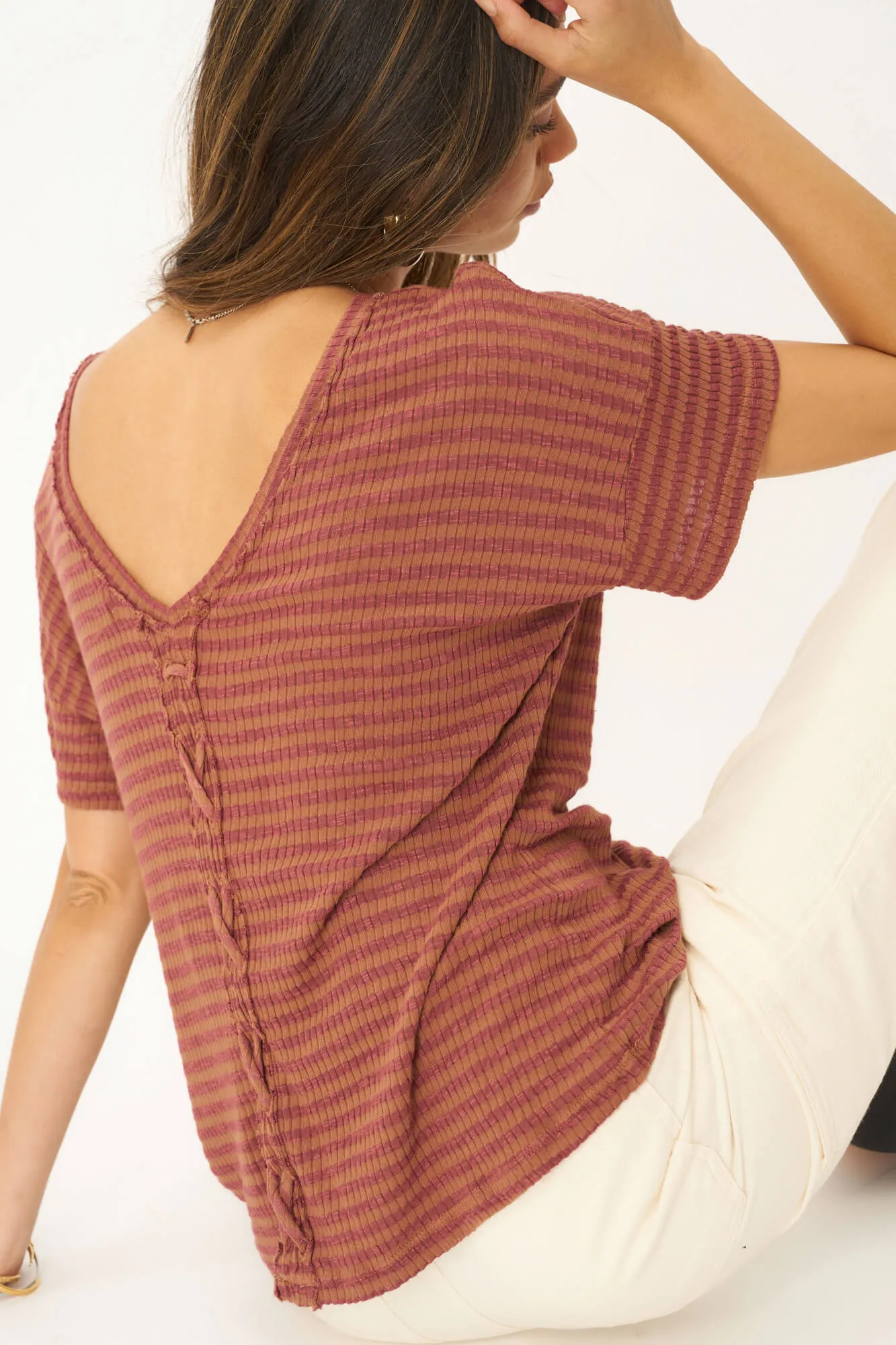 Isadora Back Lace Up Stripe Easy Fit Tee - Root Beer