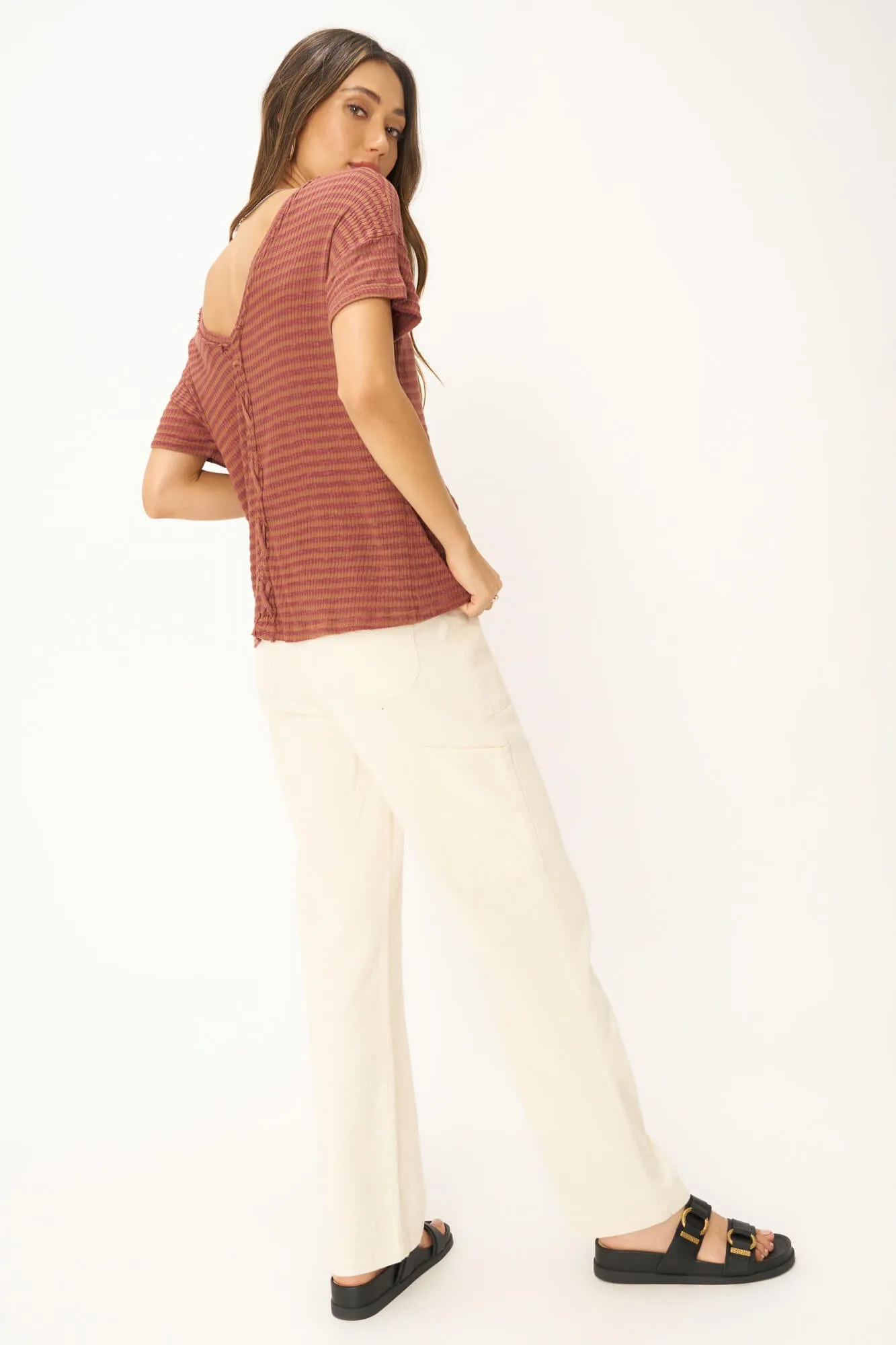 Isadora Back Lace Up Stripe Easy Fit Tee - Root Beer