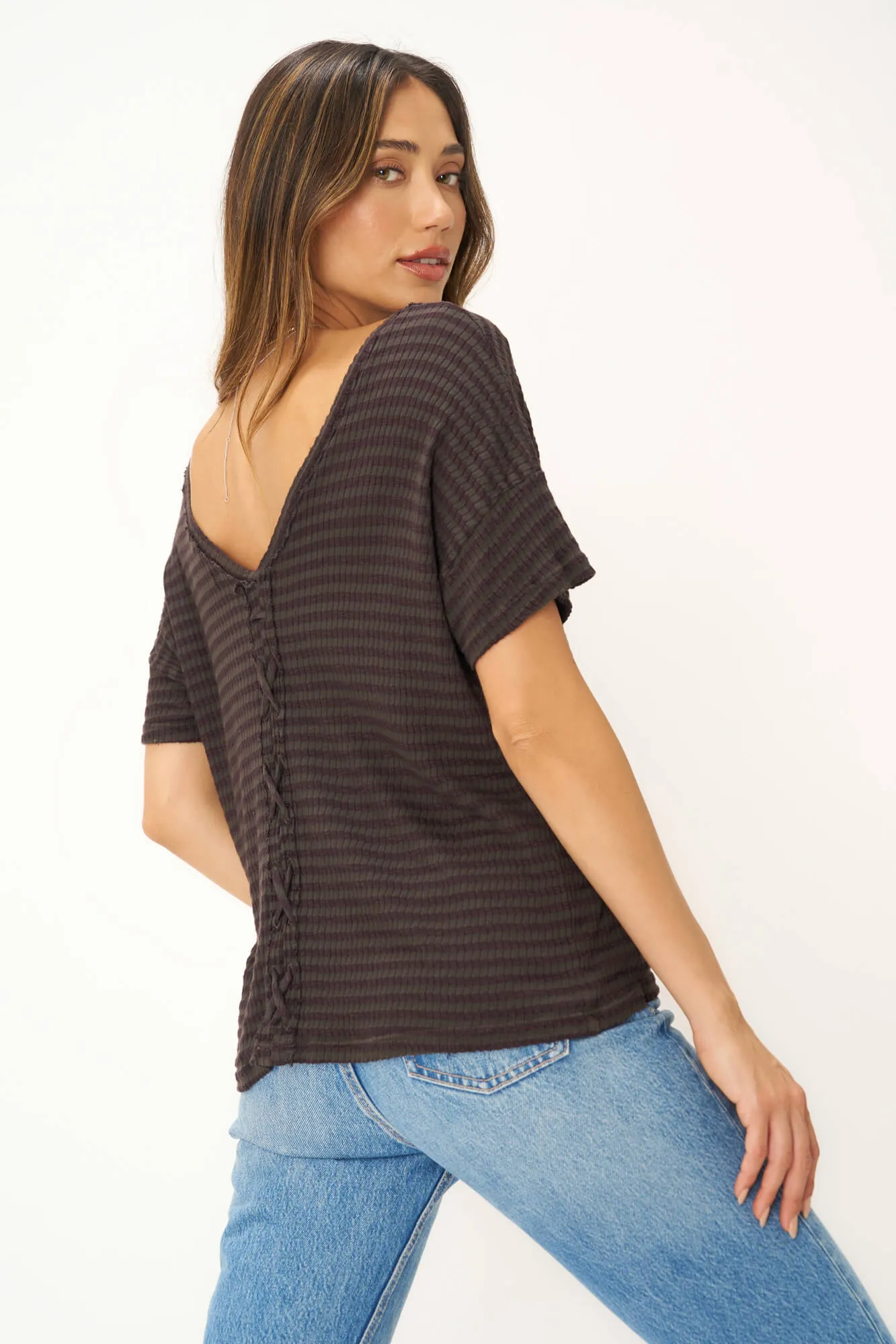Isadora Back Lace Up Stripe Easy Fit Tee - Vintage Black