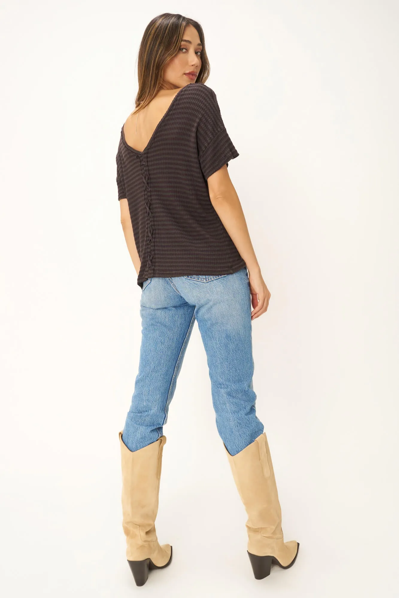 Isadora Back Lace Up Stripe Easy Fit Tee - Vintage Black