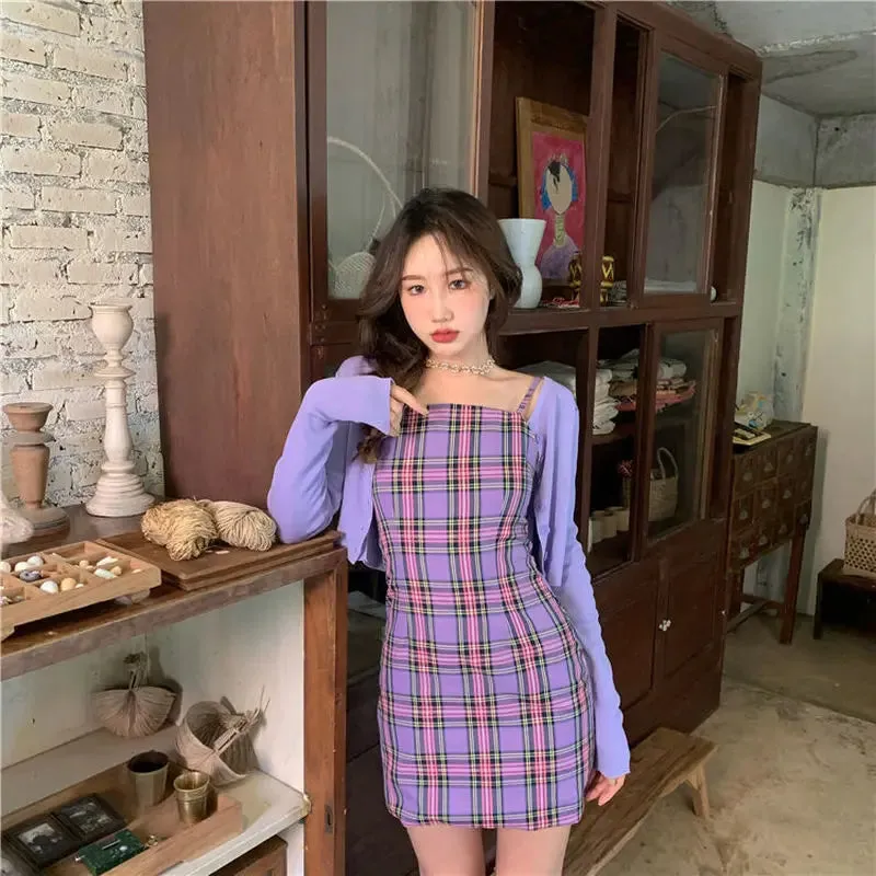 Purple Plaid Print Slip Dress Female Women's Summer Sundresses Cage Casual Sexy Staple Mini Short Dresses Backless