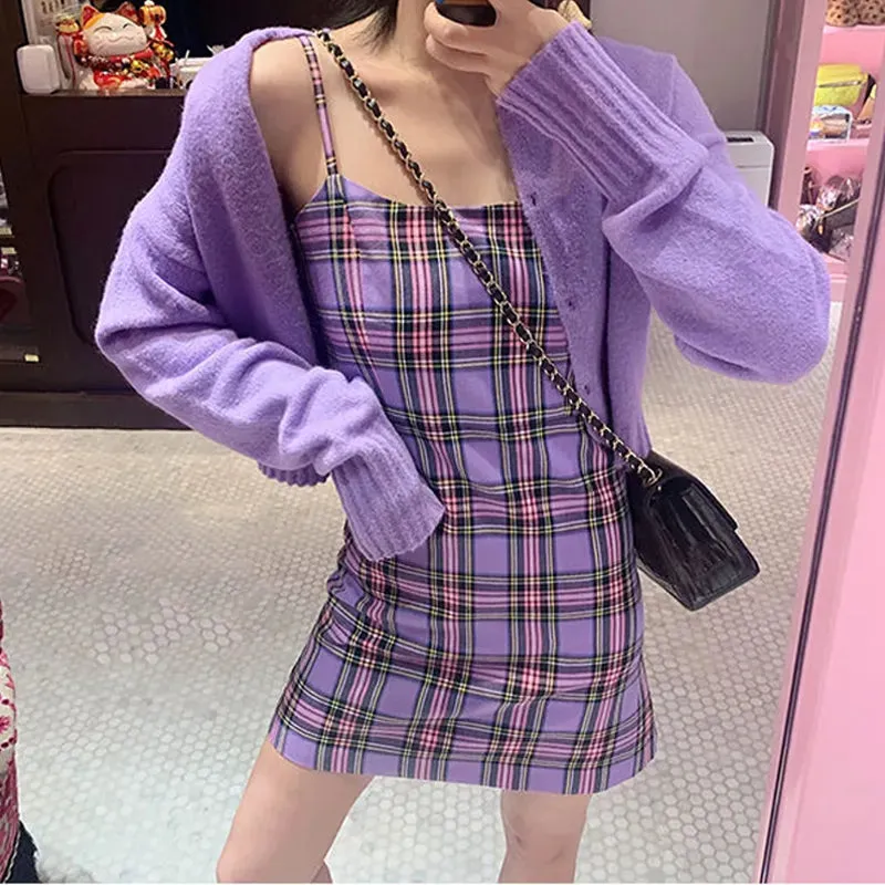 Purple Plaid Print Slip Dress Female Women's Summer Sundresses Cage Casual Sexy Staple Mini Short Dresses Backless