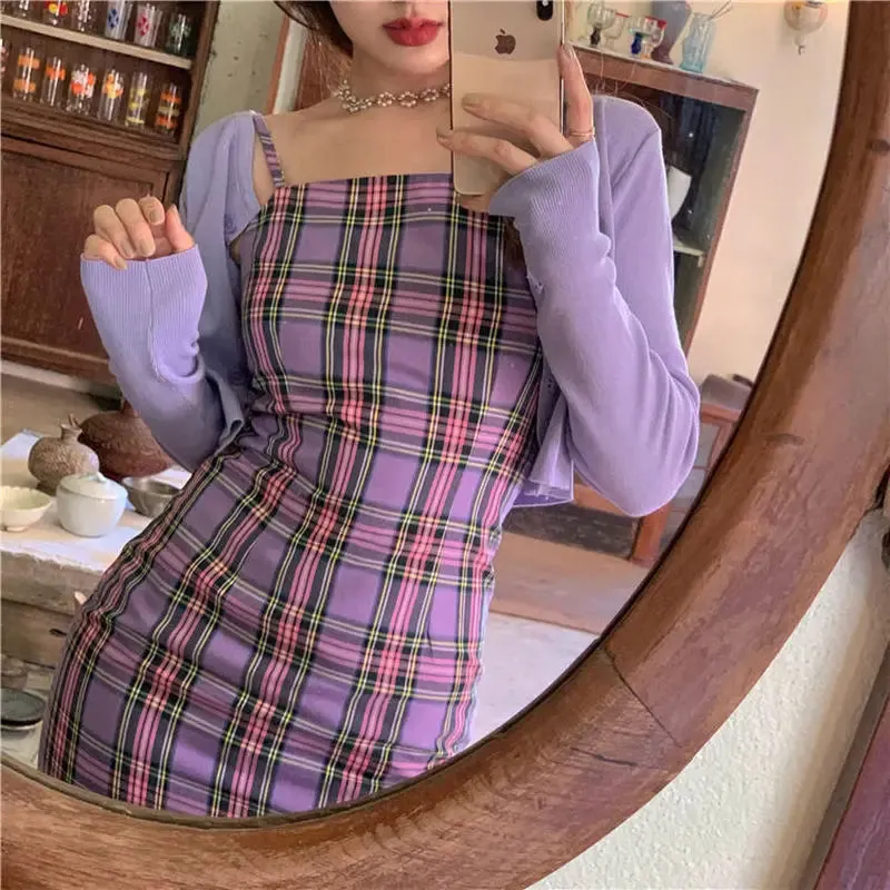 Purple Plaid Print Slip Dress Female Women's Summer Sundresses Cage Casual Sexy Staple Mini Short Dresses Backless
