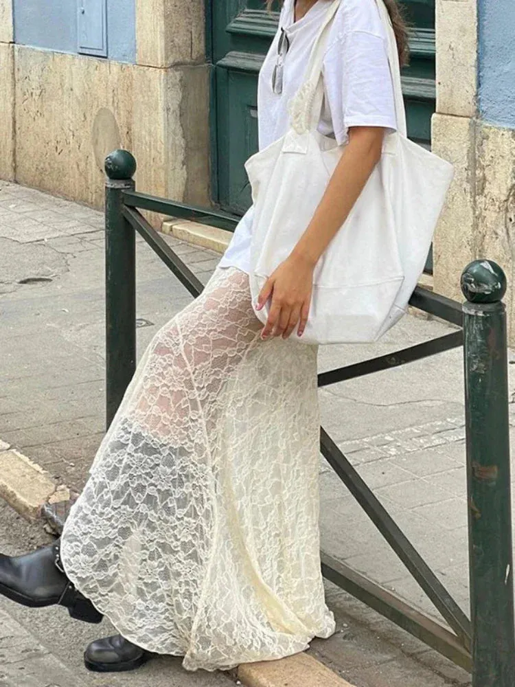 Sexy Hollow High See Out Splice Lace Through Mesh Waist Long Skirt