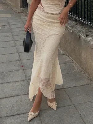 Sexy Hollow High See Out Splice Lace Through Mesh Waist Long Skirt
