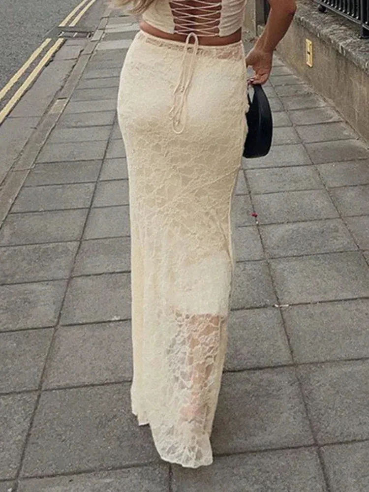 Sexy Hollow High See Out Splice Lace Through Mesh Waist Long Skirt