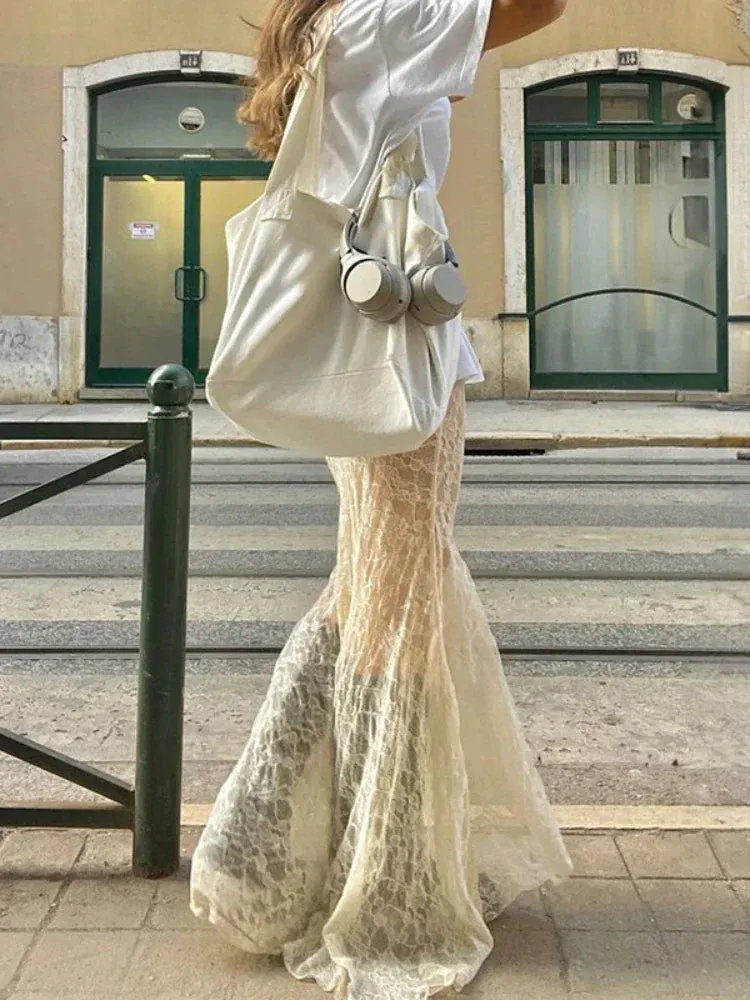 Sexy Hollow High See Out Splice Lace Through Mesh Waist Long Skirt