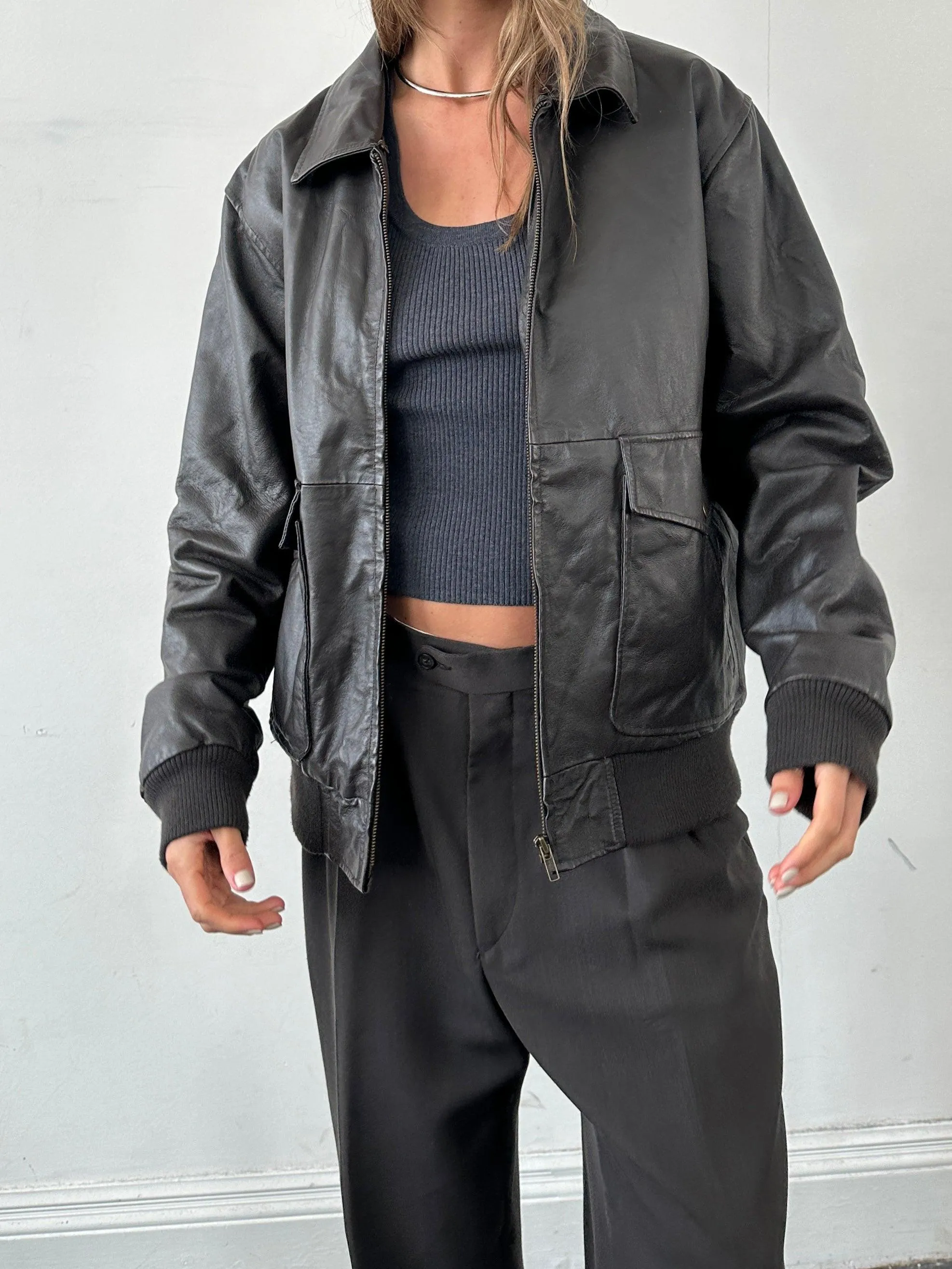 Vintage Smooth Leather Bomber Jacket - L