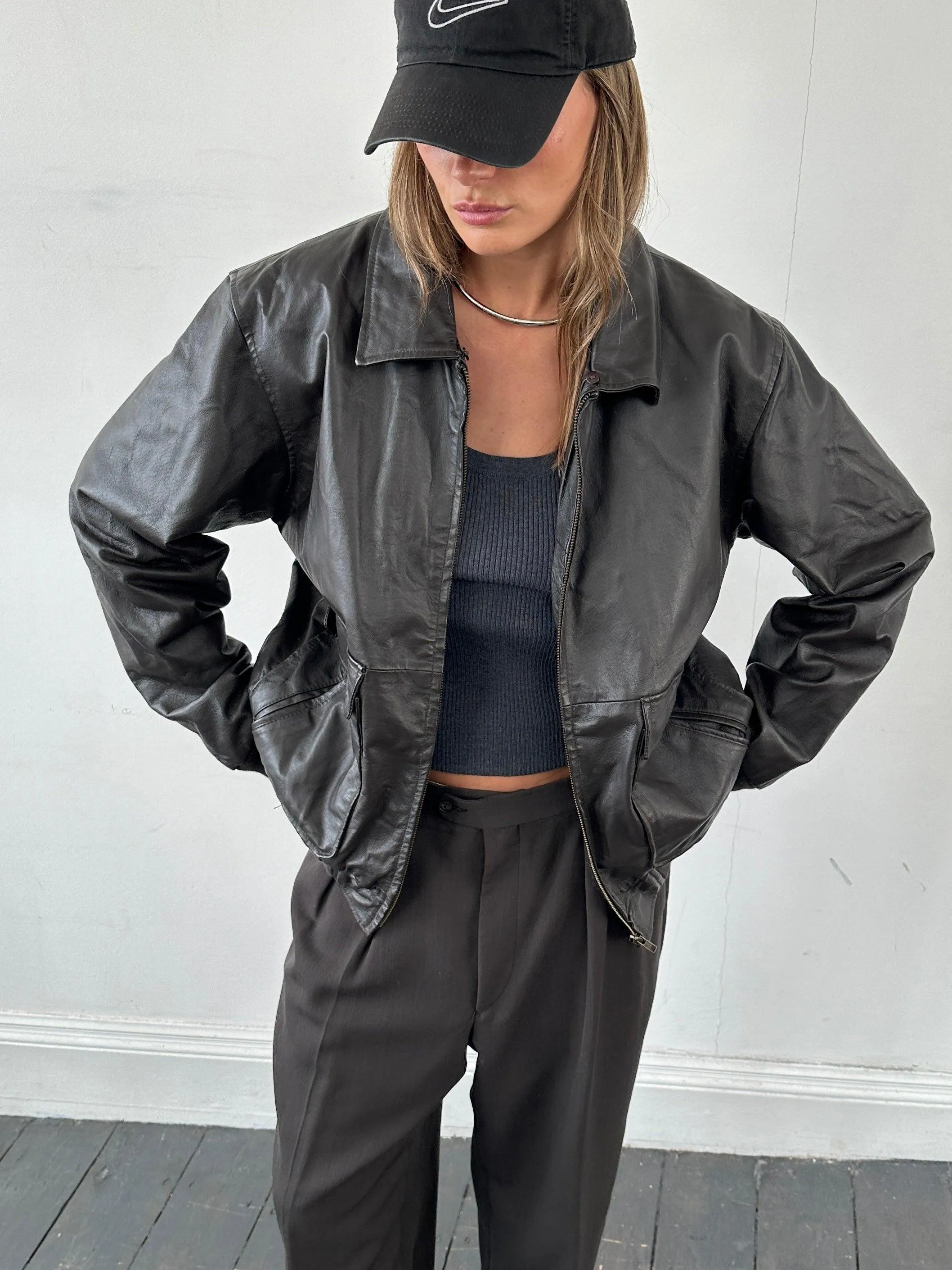 Vintage Smooth Leather Bomber Jacket - L